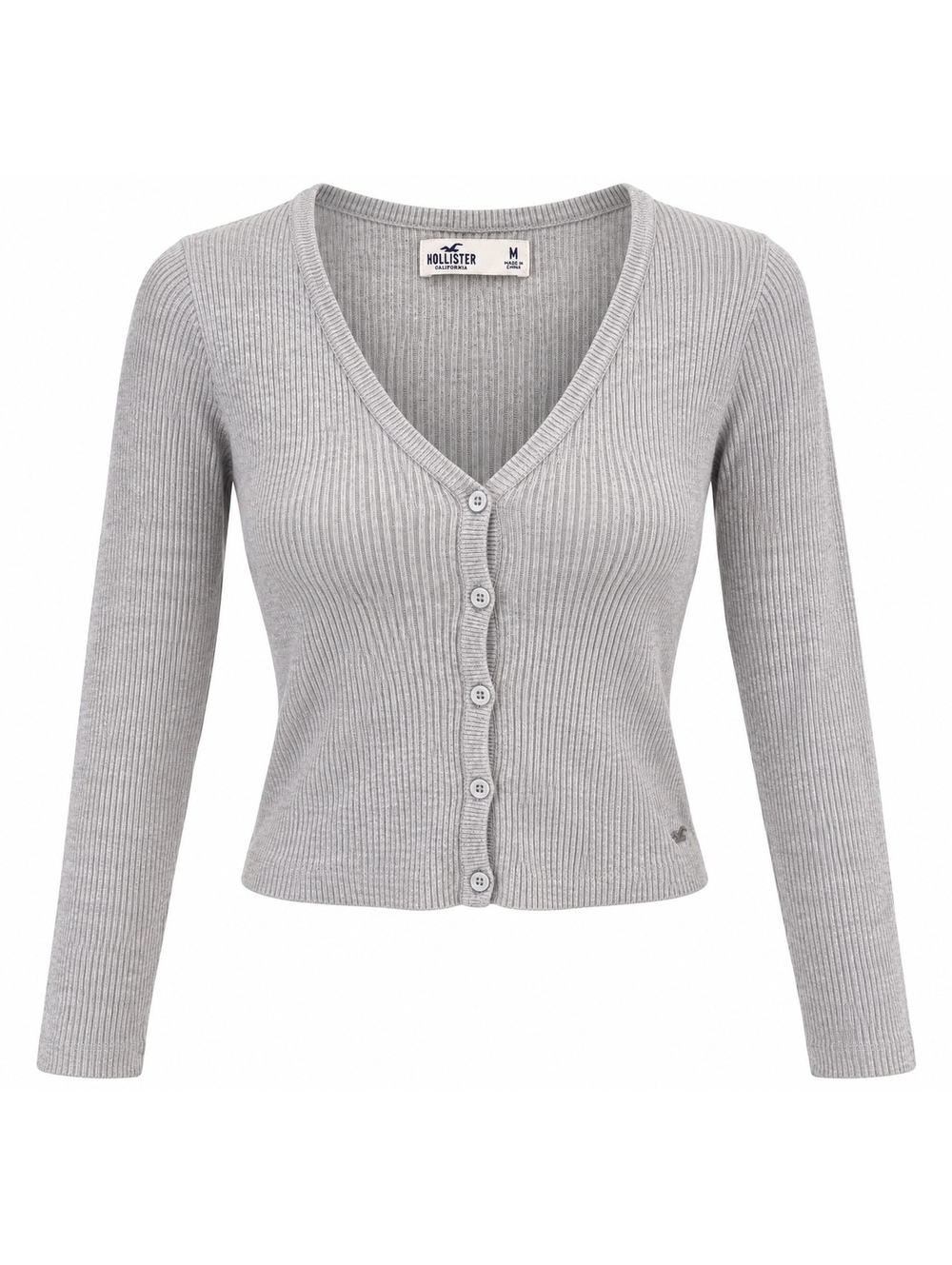 Hollister Women’s M Gray Ribbed Cropped Cardigan V Neck Button Y2K 2000s